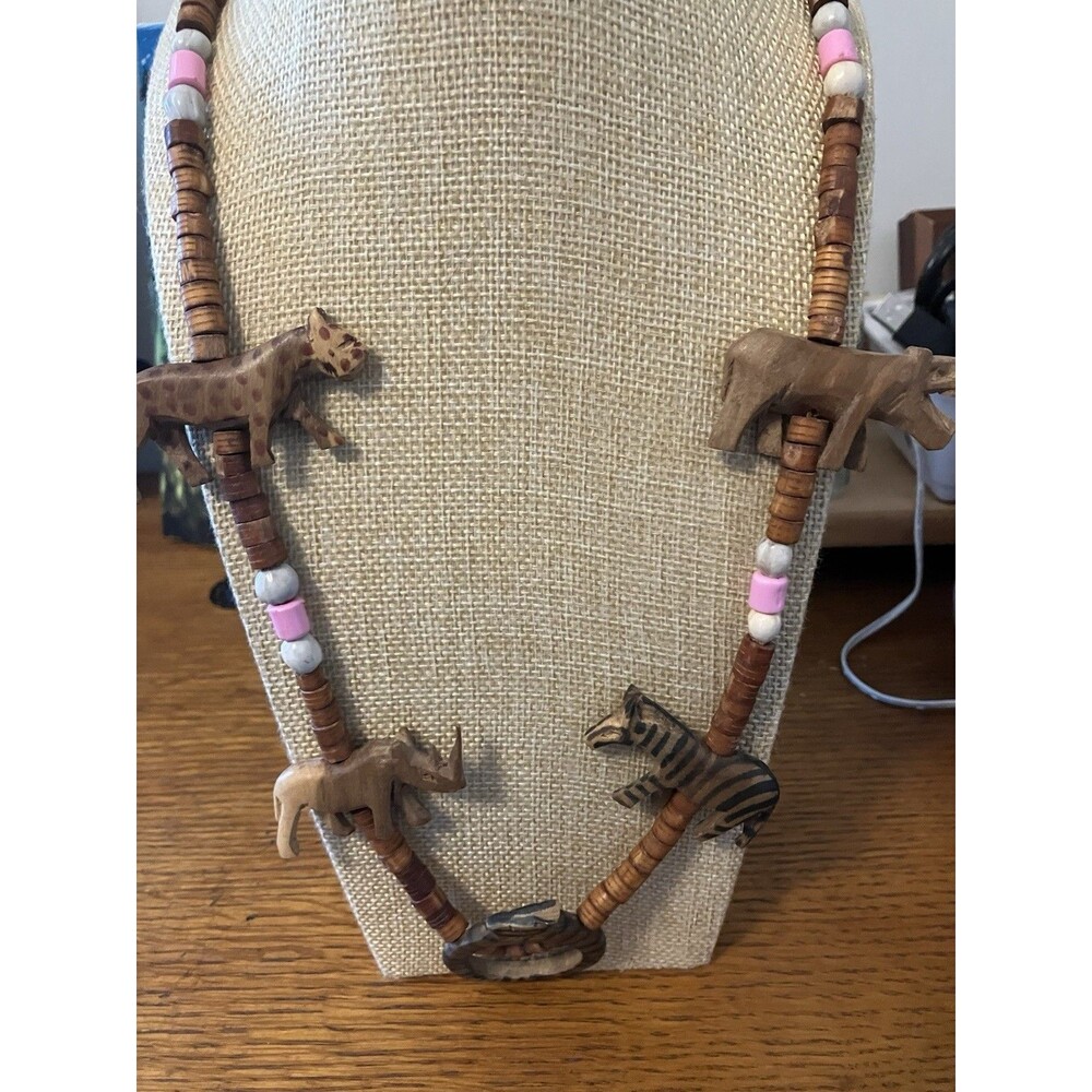 Animal Wood Beaded Necklace African Wild Safari Elephant Lion Zebra Rino 30”